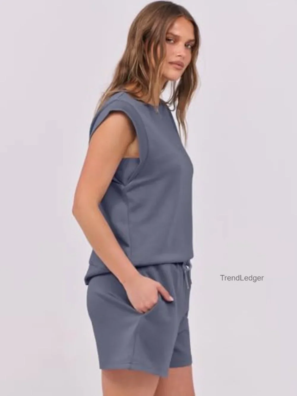 Women's 2 Piece Lounge Short Set Crewneck Cap Sleeve Drawstring